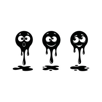 Three distinct black cartoon blobs with varied expressions and dripping effects vector