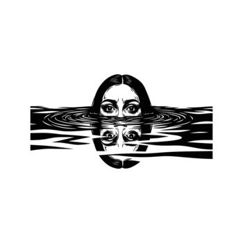 Artistic portrait of a woman s face partially submerged in water with distorted reflection effect vector