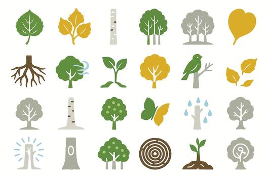 Aspen Tree Icon Set with Leaves and Nature Elements vector