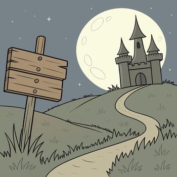 An empty wooden sign with the background of a castle and the full moon shining vector