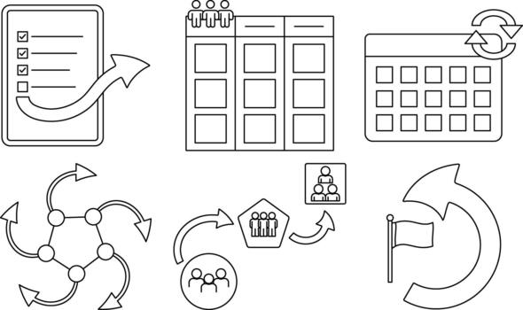 Cross Team Workflow Coordination Icon Set featuring task routing, calendar sync, team handoff, and milestone planning vector