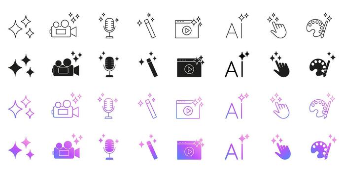 AI Icon Collection for Artificial Intelligence Creativity, Media, Code, Writing and Smart Automation. Set of AI Sparkles, Play Button, Wand, Music, Camera and Document. Isolated Illustration vector