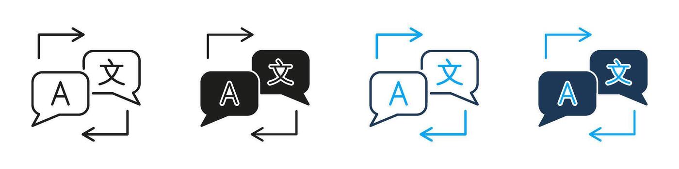 Text Translation Flow Line And Solid Icon Set. Speech Bubbles With Arrows Symbol Collection For Bidirectional Language Conversion And Real-Time Communication. Isolated Illustration vector