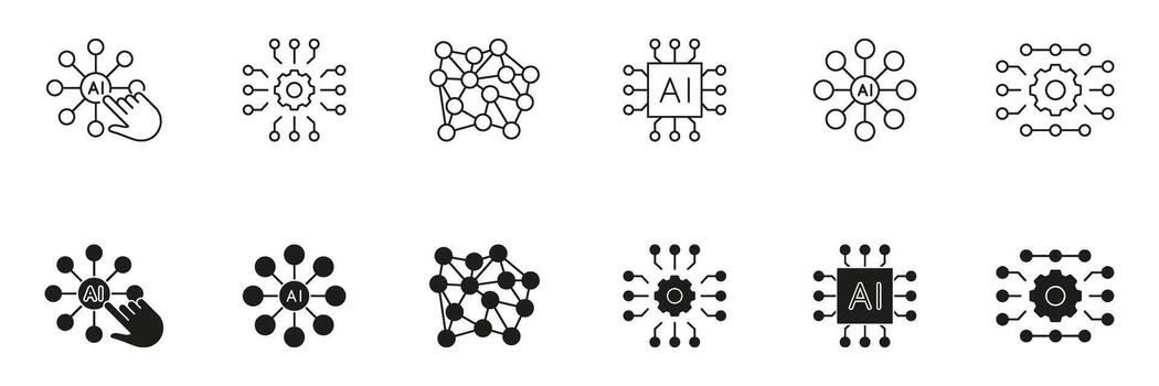 Artificial Intelligence Neural Structures and Digital Networks Line and Solid Icon Set. Machine Learning, Data Processing and Cognitive Systems Symbol Collection. Isolated Illustration vector