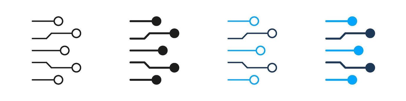 Electronic Circuit Digital Path Connection Line and Solid Icon Set. Technology Wires Signal Flow Microchip Hardware Symbol Collection. Isolated Illustration vector
