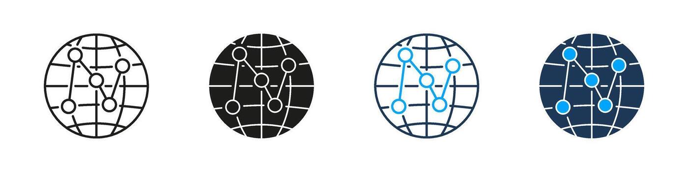 Globe With Digital Connections Network Line and Solid Icon Set. Global Internet Technology Symbol Collection. Isolated Illustration vector