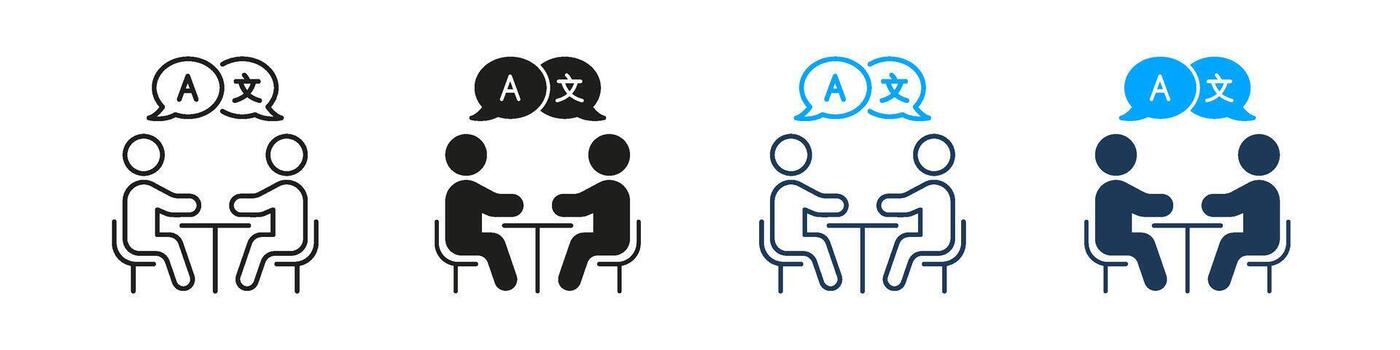 Two People Conversing With Language Symbols Line And Solid Icon Set. Multilingual Communication And Translation Symbol Collection. Language Exchange And Learning. Isolated Illustration vector
