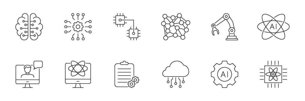 Artificial Intelligence Research, Robotics and Cloud Technology Line Icon Set. Neural Networks, Machine Learning and Data Science Outline Symbol. Editable Stroke. Isolated Illustration vector
