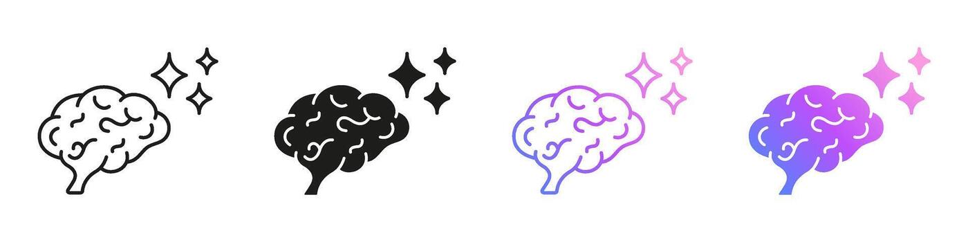 Brain Side View With Sparkles Line and Solid Icon Set. AI Neural Thinking And Cognitive Process Symbol Collection. Isolated Illustration vector