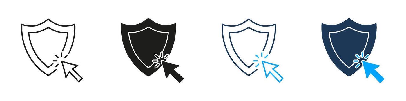 Shield With Cursor Click Line And Solid Icon Set. Cybersecurity, Internet Protection, And Online Safety Symbol Collection. Digital Security Interface. Isolated Illustration vector