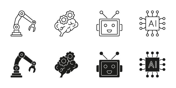 Artificial Intelligence Robotics and Automation Line and Solid Icon Set. Smart Machines, Neural Computing and Digital Innovation Symbol Collection. Isolated Illustration vector