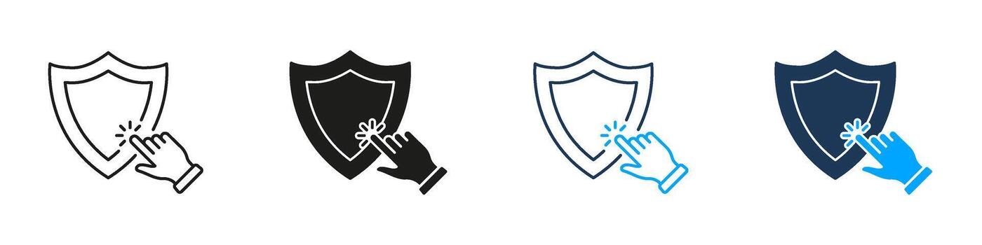 Shield With Hand Click Line And Solid Icon Set. Cybersecurity, Protection, And User Interaction Symbol Collection. Digital Safety And Online Security. Isolated Illustration vector