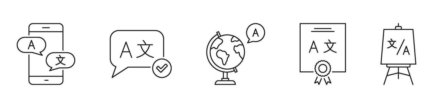 Language Translation And Learning Icon Set. Multilingual Communication, Global Language Education, And Certification Outline Symbol Collection. Editable Stroke. Isolated Illustration vector
