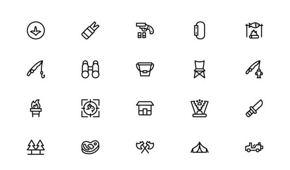 Modern and minimal Fishing and Hunting line icons designed with editable outdoor adventure symbols for clean design applications. vector