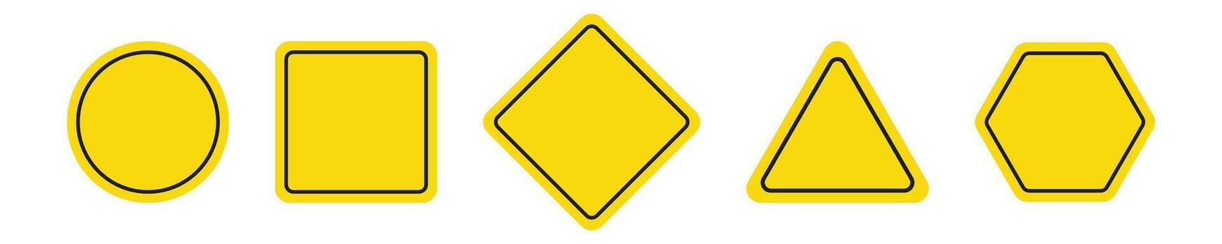 A collection of yellow road warning signs in various shapes, including round, square, rhombic, triangular, and hexagonal. vector