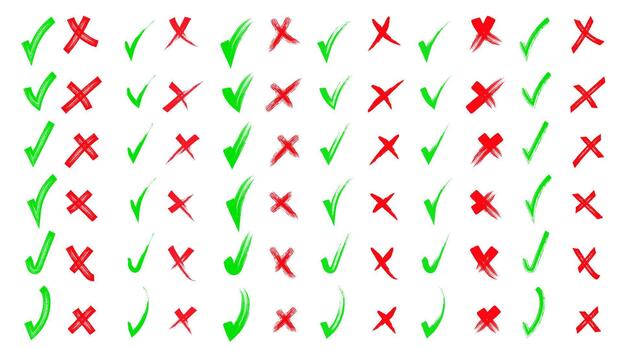A set of yes and no symbols. Red and green hand drawn shapes featuring doodle checkmarks and crosses. A collection of scribble pen sketches and pencil drawn marks. vector