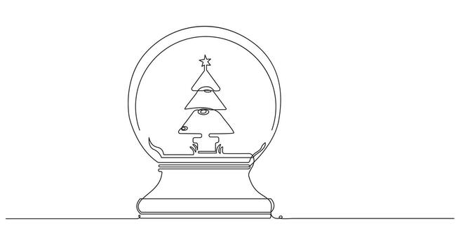 Continuous Line Art Snow Globe with Christmas Tree, vector