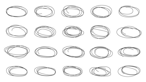 un colección de resumen grunge marcos y fronteras con un mano dibujado estético. eso caracteristicas Escribiendo elipses, óvalos, y garabatear bosquejado anillos en un blanco fondo, creado con lápiz y bolígrafo vector