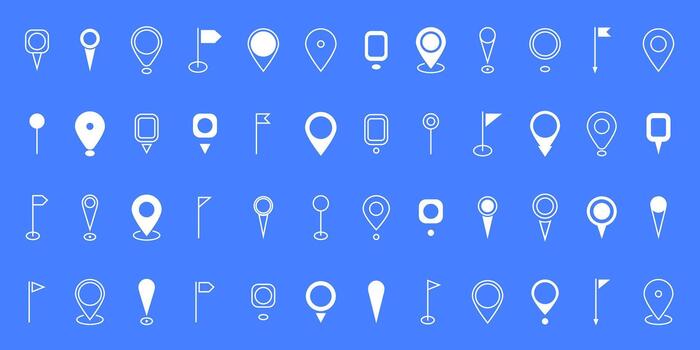 White location pin icon set on a blue background with map place markers and destination symbols. A modern flat style collection of pointer logos and GPS symbols. vector