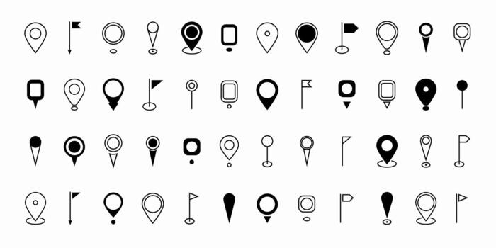Black map pin icons in a flat modern style. This set features location markers, destination symbols, and GPS pointer logos. vector