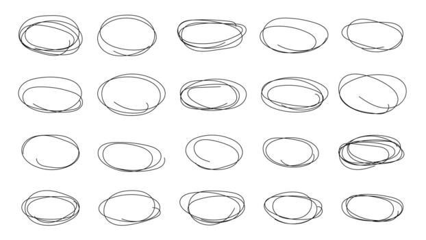 Hand drawn abstract elements in pencil and pen, including scribble ovals and ellipses. This set on a white background features grunge frames, borders, and doodle sketched highlight circles. vector