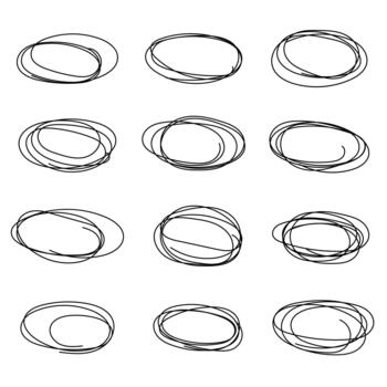 un conjunto de abstracto, dibujado a mano marcos y óvalos. estilo grunge negro y blanco bocetos con un lápiz Escribiendo y tinta línea efecto. vector