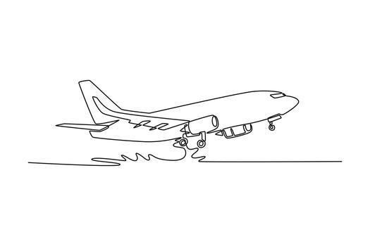 Aircraft landing on the runway, flight before touching the asphalt. Landing and take off plane concept. Single line draw design. graphic illustration vector