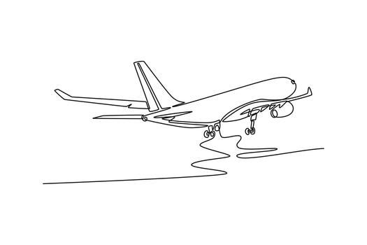 Airplane taking off from the airport, side view. Landing and take off plane concept. Single line draw design. graphic illustration vector