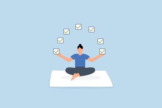 Work focus, businesswoman concentrates on completed tasks in her checklist vector