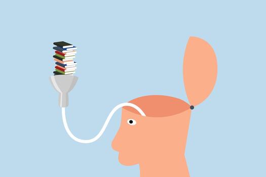 Read book fast to learning new lesson, book stack in funnel easy to flow in human head vector