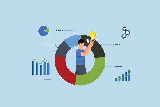 datos científico analizar datos, empresario analizar datos con bombilla vector