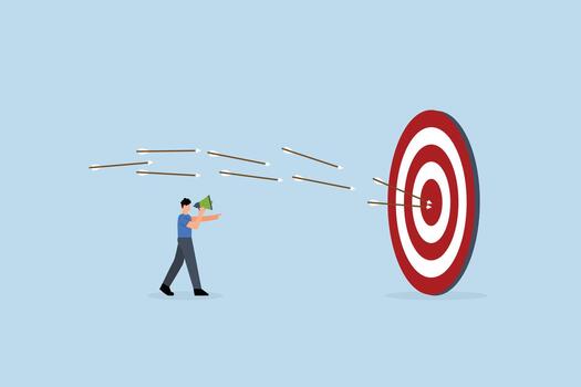 Marketing target strategy, entrepreneur directs dart to hit precise target bullseye vector