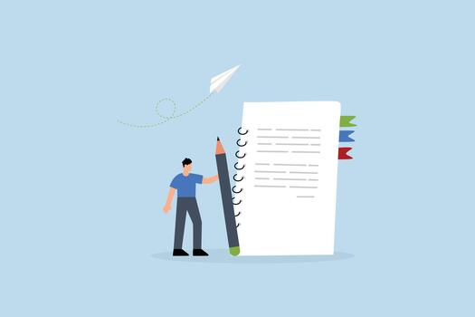 Write note on notebook paper, business man holding pencil writing message on notebook paper vector