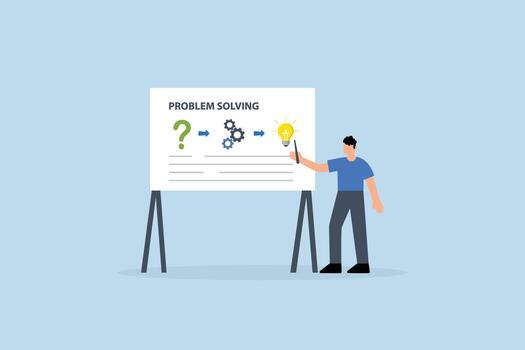 Problem solving skill, Entrepreneur demonstrates issue resolution process on whiteboard vector