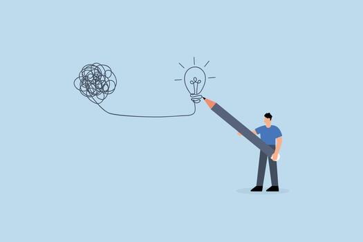 creatividad a resolver problema, negocio hombre dibujar bombilla desde sucio nudo vector