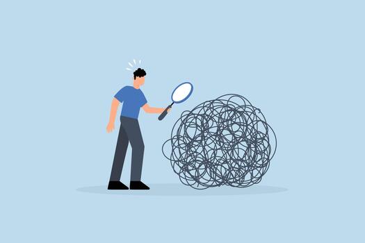 analizar problema hallazgo solución, empresario analizar lío con aumentador vaso vector