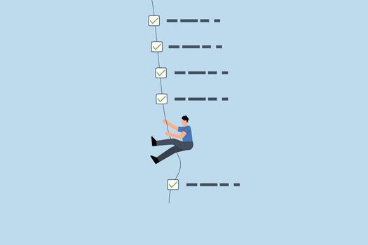 Finish checklist or todo list, entrepreneur ascending rope while marking off tasks on work list vector