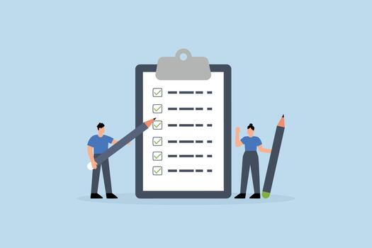 Task checklist, business individuals with a clipboard and checklist pencil vector