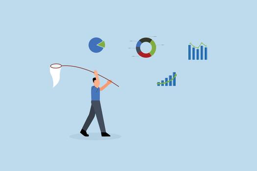 Collect data, businessman catch data graph and chart with butterfly net vector