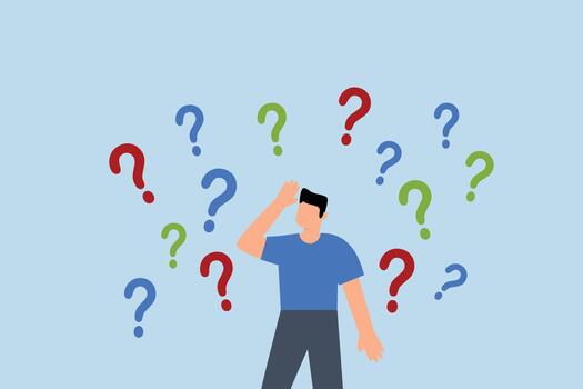Ask questions, contemplation businessman thinking with question marks vector