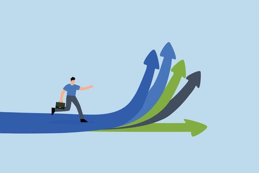 Career decision, businessman running to different arrow pathway vector