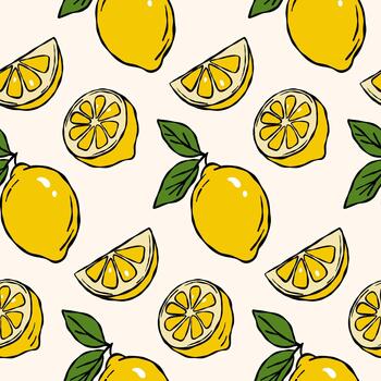 Seamless lemon pattern with whole fruits and citrus slices vector