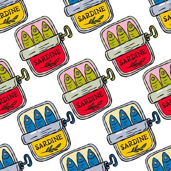 Seamless pattern with colorful sardine tins in pop art style vector