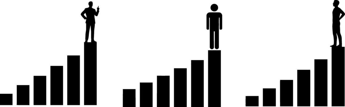 Three figures standing on top of bar graphs silhouetted vector