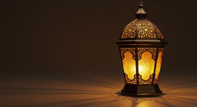 Ramadan lantern with intricate cutout design casting light and shadows, festive and decorative. photo
