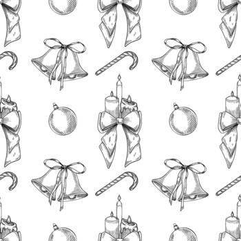 sin costura modelo con campanas, arcos, velas, y caramelo bastones ilustración de antecedentes para Navidad envase papel o Navidad festivo textiles en contorno lineal estilo. fondo para nuevo año. vector