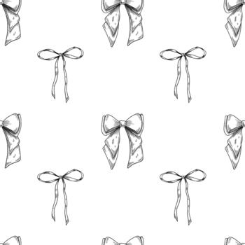 sin costura modelo con decorativo cintas y arcos ilustración de antecedentes para Navidad envase papel o Navidad festivo embalaje. lineal fondo en contorno estilo pintado por negro tintas vector