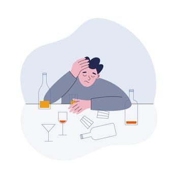 Drunk Man with Alcohol Addiction Sitting at the Table with Empty Bottles and Glasses vector