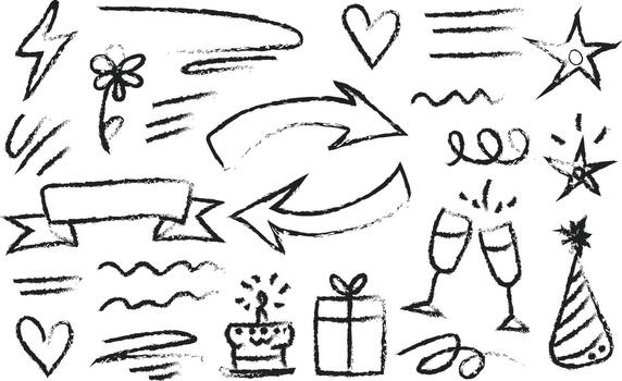 un versátil colección de dibujado a mano estilo tiza garabatear elementos y gráfico símbolos, Perfecto para agregando un juguetón y único toque a creativo diseños y ilustraciones vector