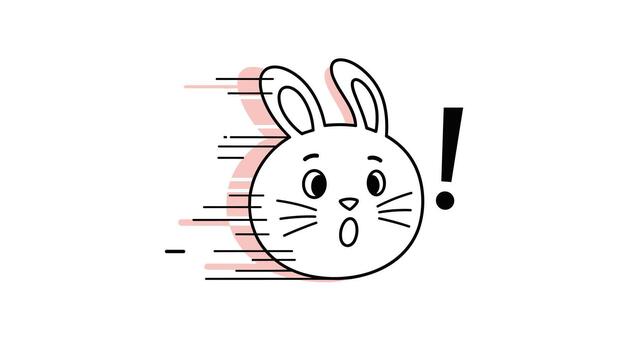 A cute cartoon rabbit head with a shocked expression, marked by speed lines and an exclamation mark, conveying surprise or urgency. vector